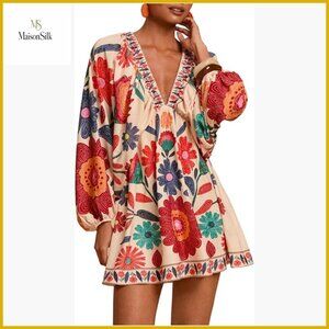 Boho Floral V-Neck Mini Dress Long Sleeve Tie Back Casual Tropical
